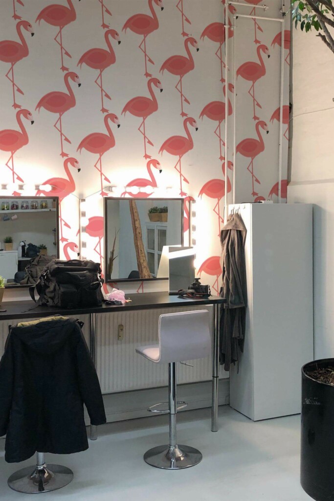 Minimal style beauty salon decorated with Pink flamingos peel and stick wallpaper