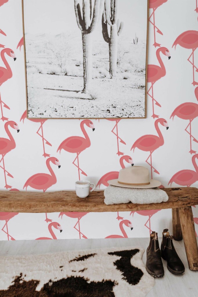 Scandinavian style entryway decorated with Pink flamingos peel and stick wallpaper