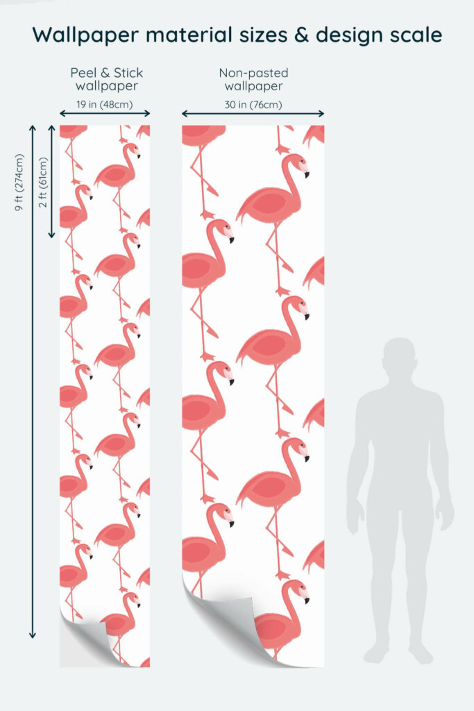 Size comparison of Pink flamingos Peel & Stick and Non-pasted wallpapers with design scale relative to human figure