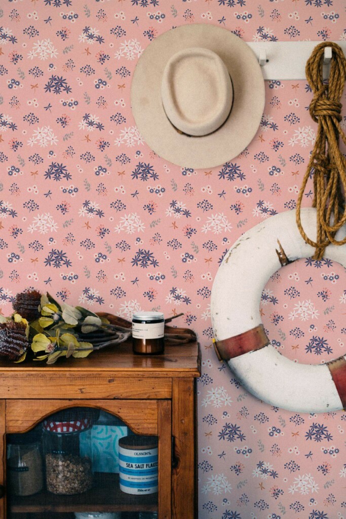 Coastal nautical style living room decorated with Pink floral peel and stick wallpaper