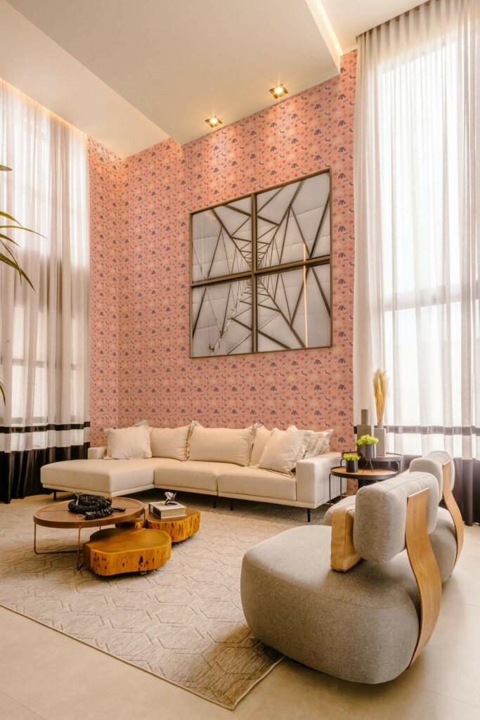 Contemporary style living room decorated with Pink floral peel and stick wallpaper