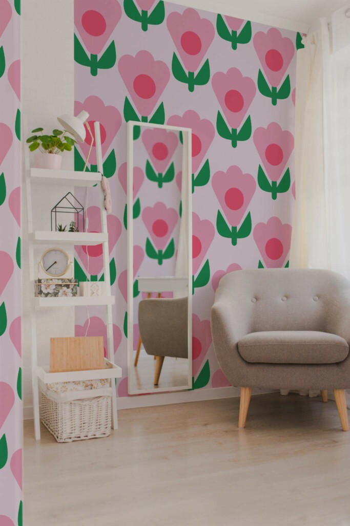Light boho style living room decorated with Pink flowers peel and stick wallpaper