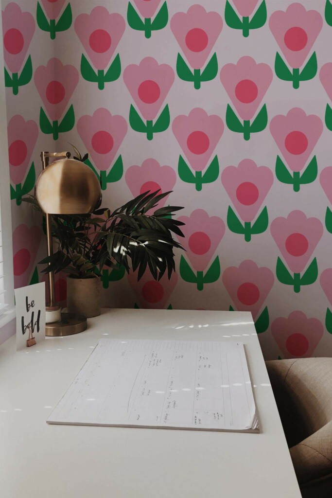 Rustic style home office decorated with Pink flowers peel and stick wallpaper