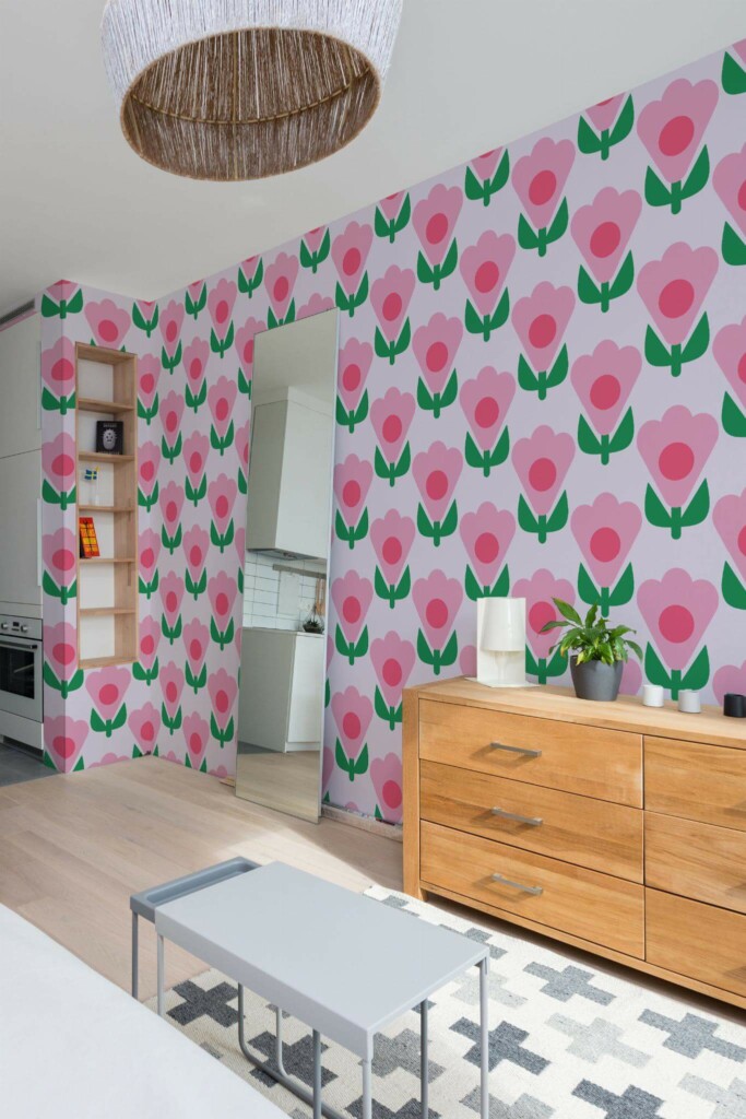 Scandinavian style small apartment decorated with Pink flowers peel and stick wallpaper