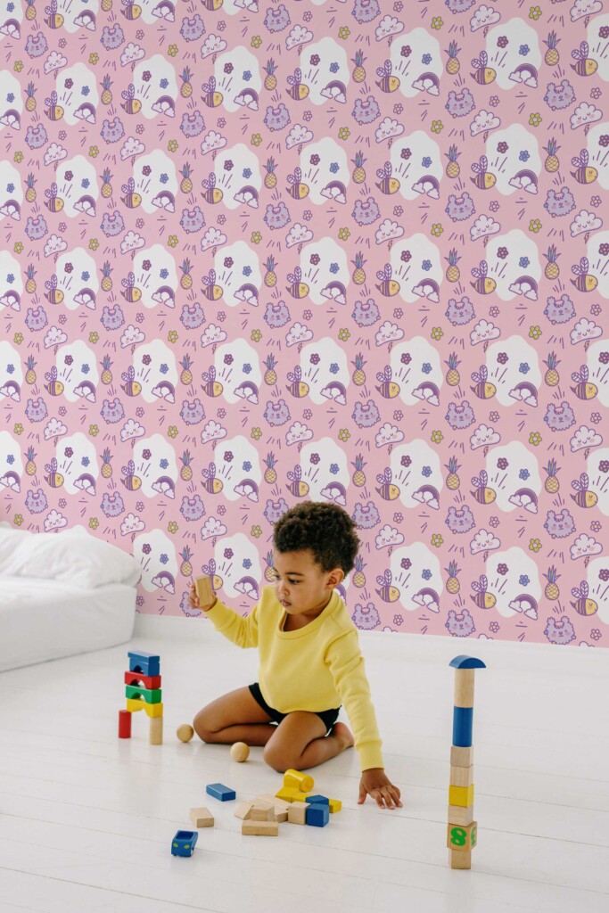 Fancy Walls Pink Fun wallpaper for Kids room walls in Cute Kawaii style peel and stick wallpaper.