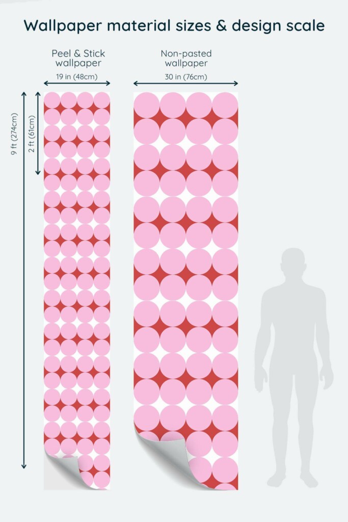 Size comparison of Pink geometric diamond and circle Peel & Stick and Non-pasted wallpapers with design scale relative to human figure