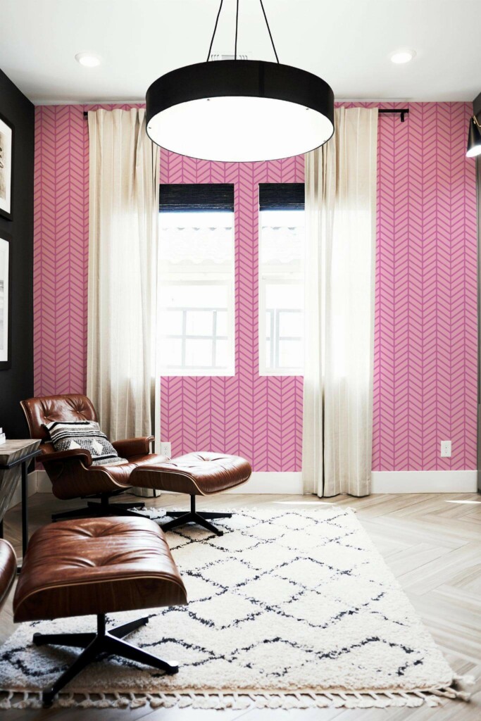 MId-century modern style living room decorated with Pink geometric herringbone peel and stick wallpaper