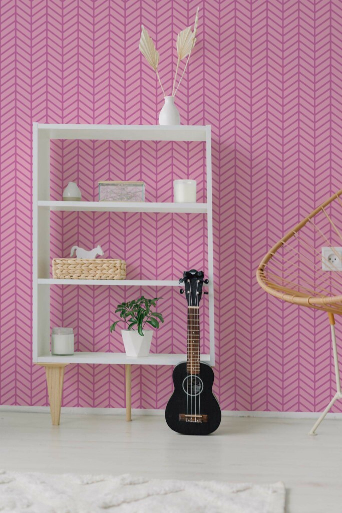 Minimal boho style living room decorated with Pink geometric herringbone peel and stick wallpaper