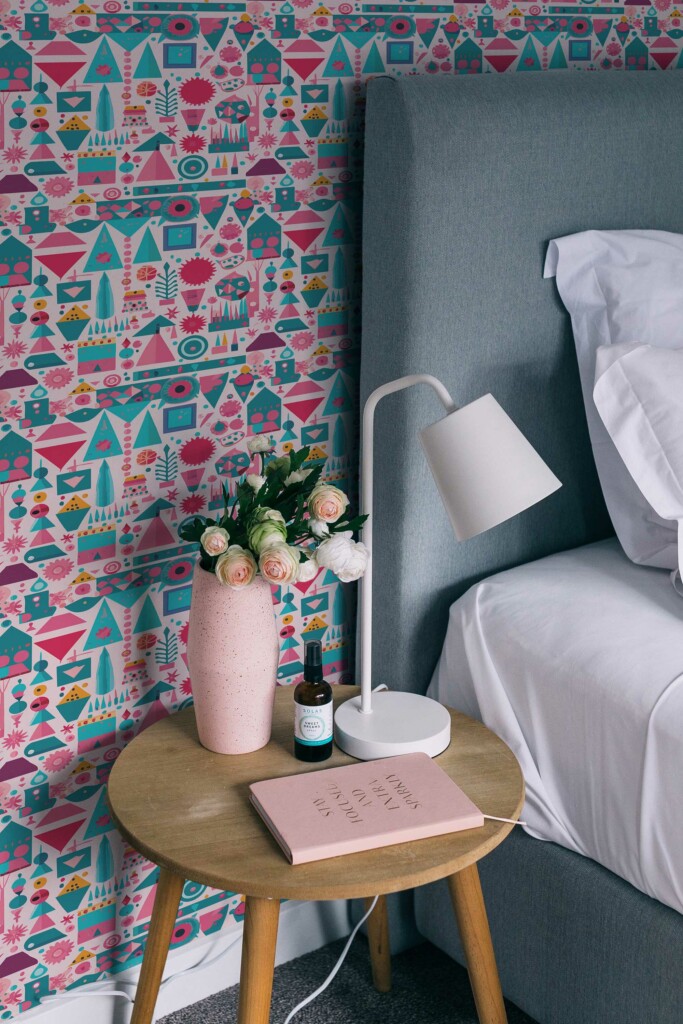 Unpasted wallpaper with pink and turquoise geometric design by Fancy Walls