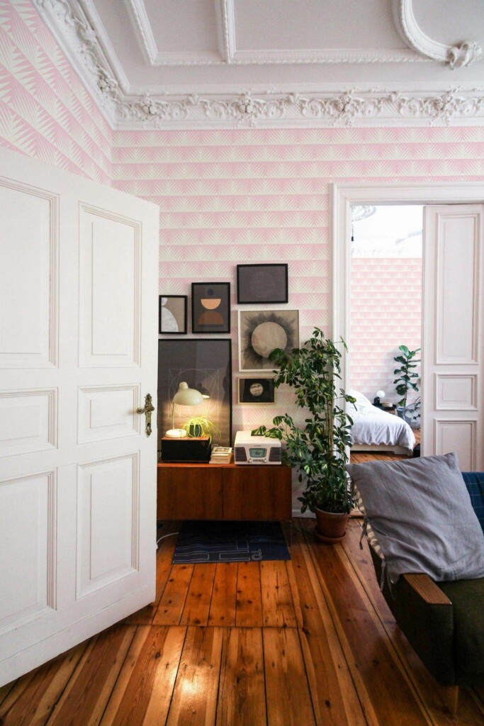 Mid-century modern luxury style living room and bedroom decorated with Pink geometric peel and stick wallpaper