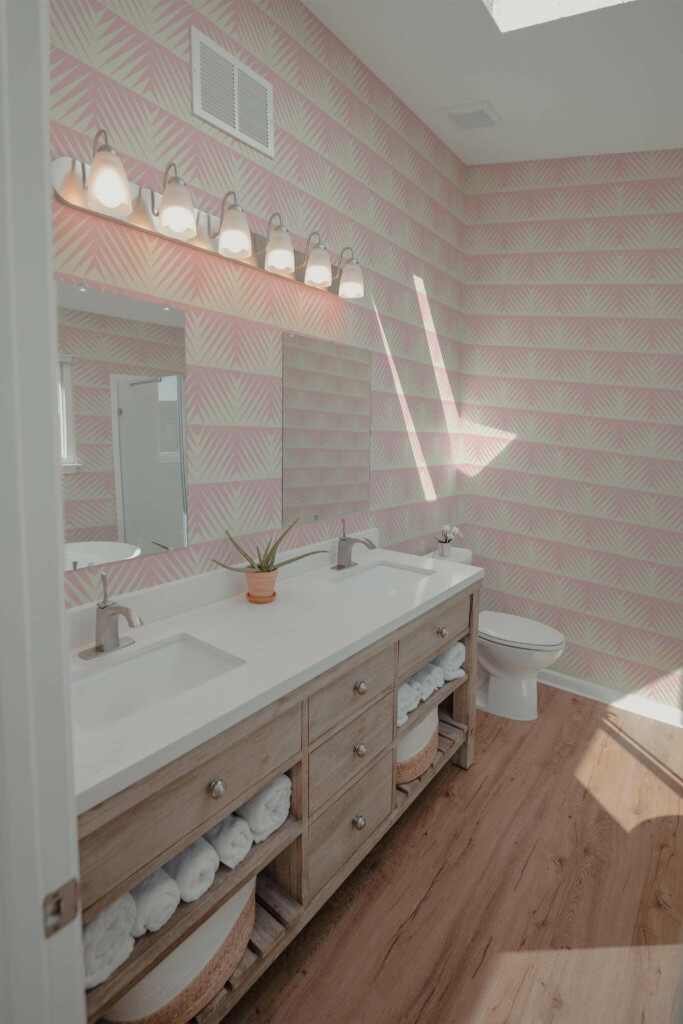 Modern farmhouse style powder room decorated with Pink geometric peel and stick wallpaper