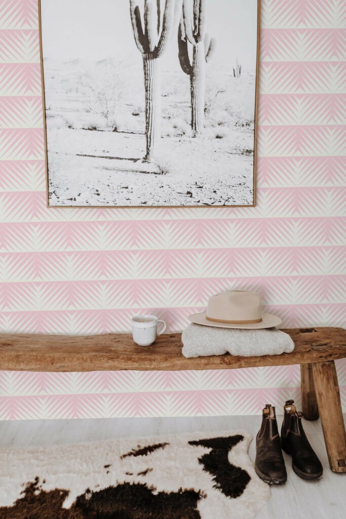 Scandinavian style entryway decorated with Pink geometric peel and stick wallpaper