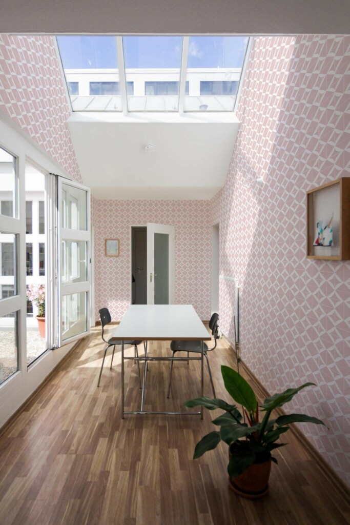 Minimal style dining room next to a balcony decorated with Pink geometric square peel and stick wallpaper