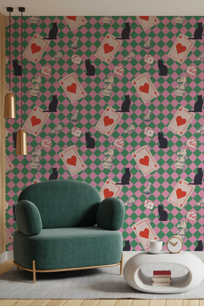 Fancy Walls traditional wallpaper with playful board game theme in pink and green