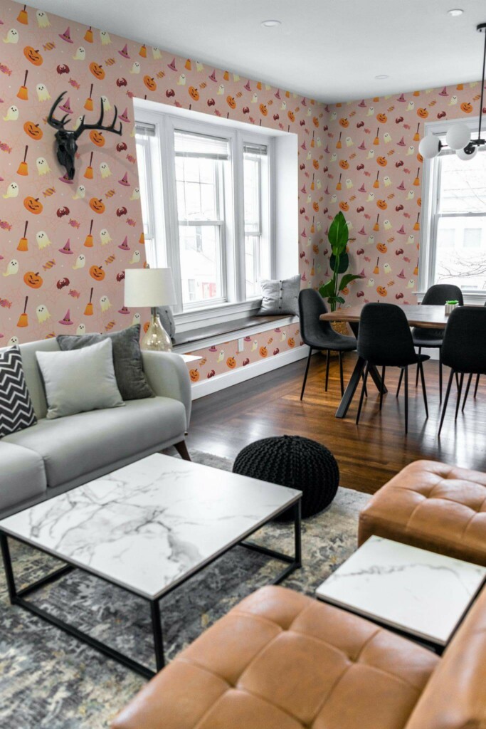 Mid-century modern scandinavian style living dining room decorated with Pink halloween peel and stick wallpaper