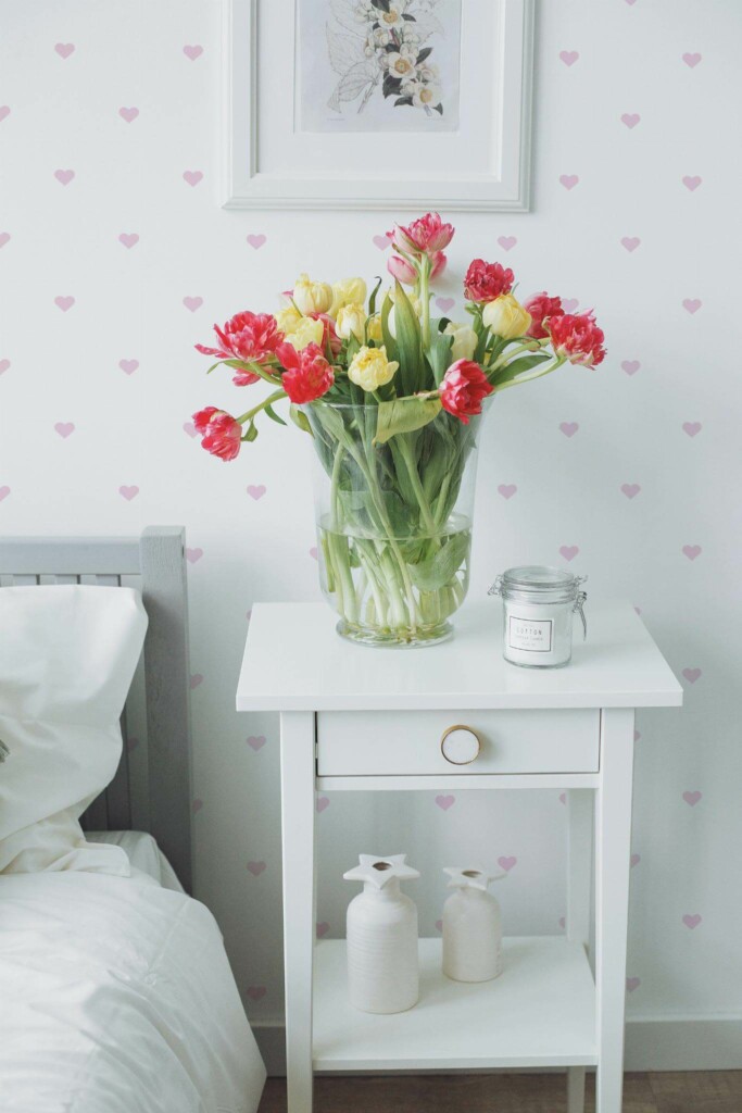 Farmhouse style bedroom decorated with Pink heart peel and stick wallpaper