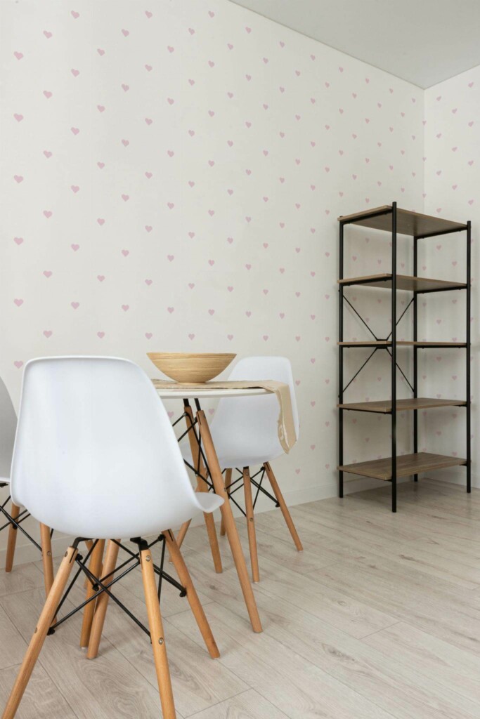 Minimalist style dining room decorated with Pink heart peel and stick wallpaper