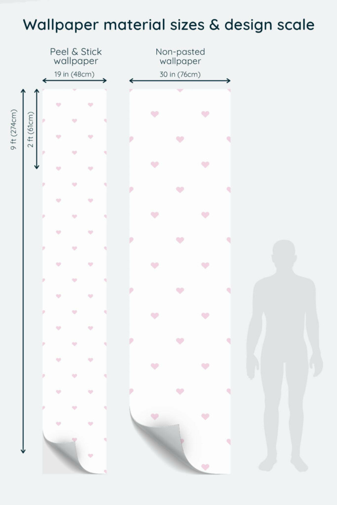 Size comparison of Pink heart Peel & Stick and Non-pasted wallpapers with design scale relative to human figure