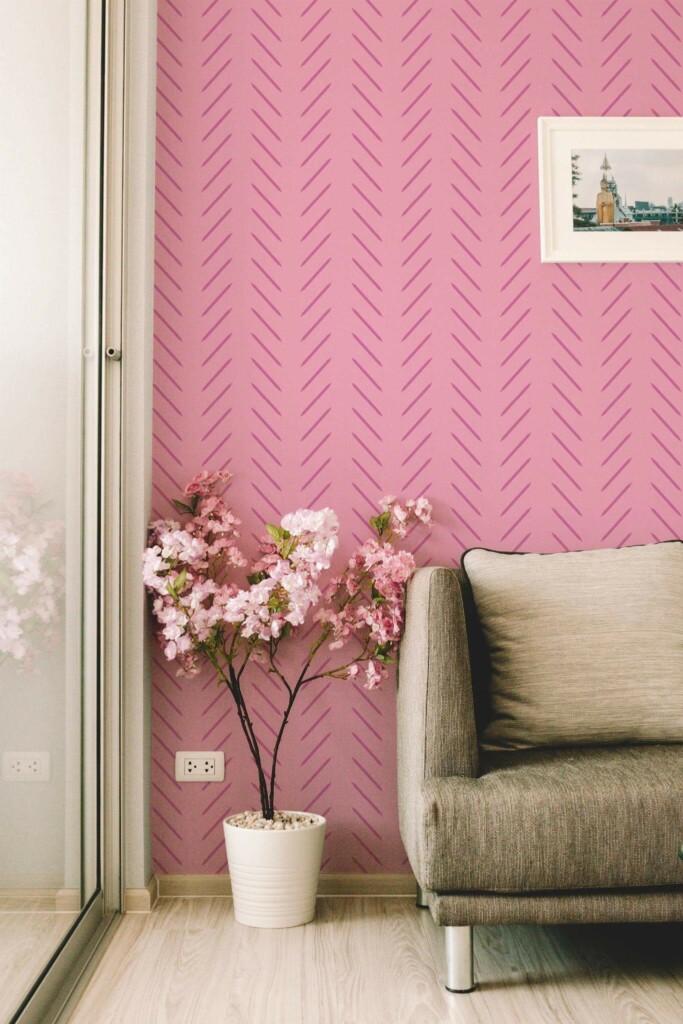 Modern farmhouse style living room decorated with Pink herringbone peel and stick wallpaper
