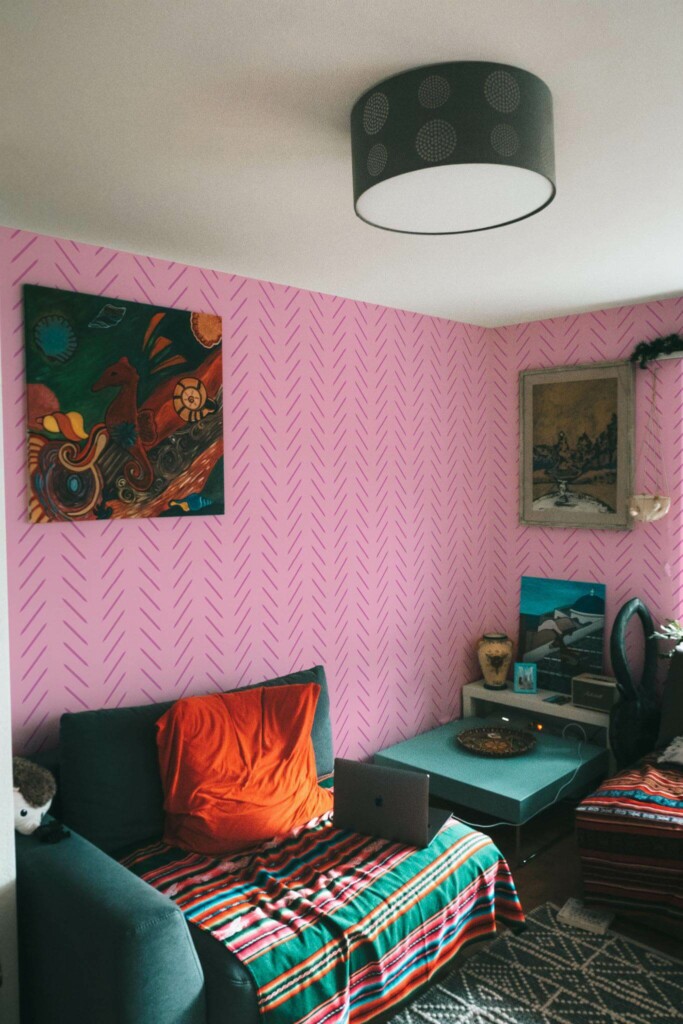 Rustic eclectic style living room decorated with Pink herringbone peel and stick wallpaper
