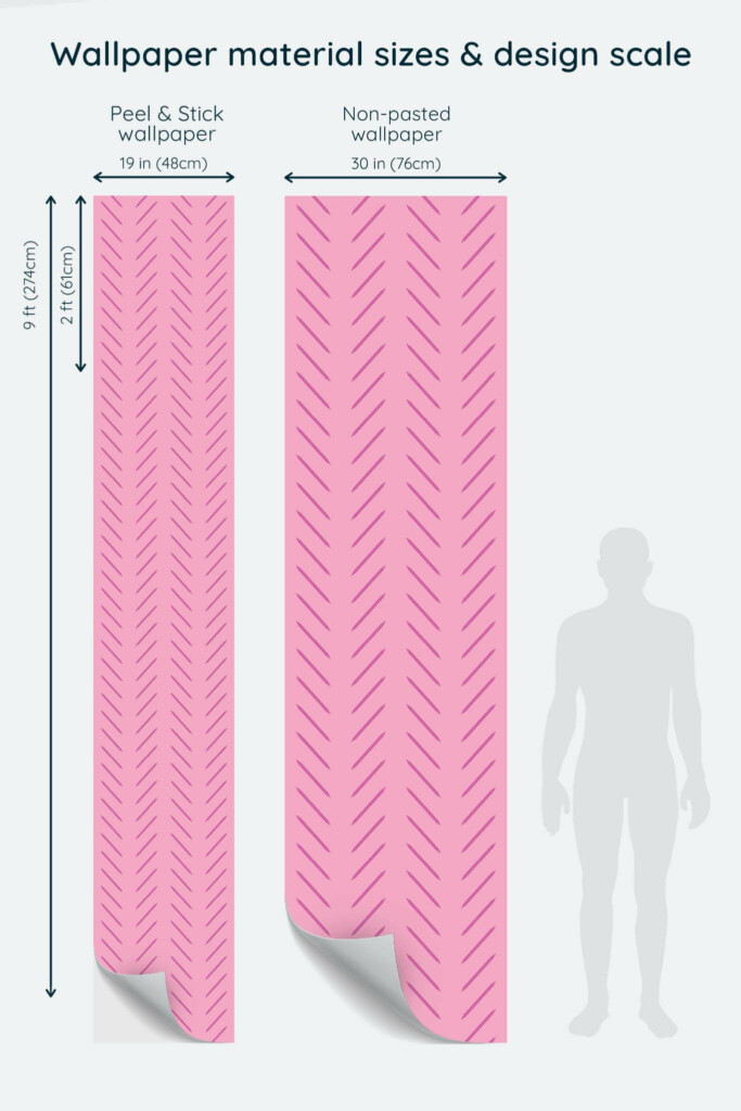 Size comparison of Pink Herringbone Peel & Stick and Non-pasted wallpapers with design scale relative to human figure