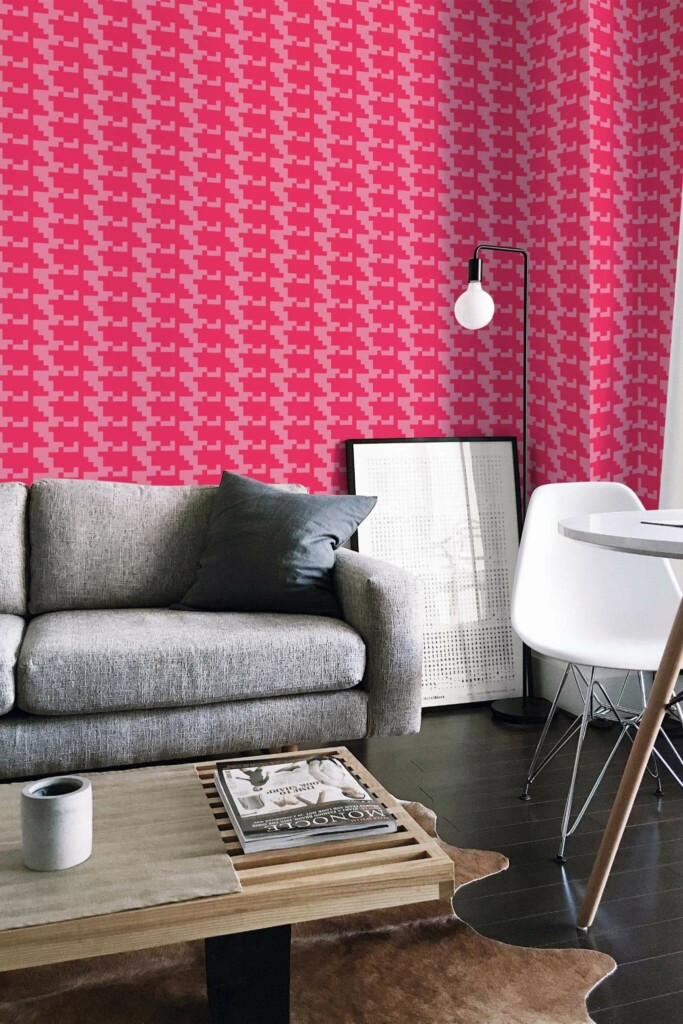 Industrial scandinavian style living room decorated with Pink houndstooth peel and stick wallpaper