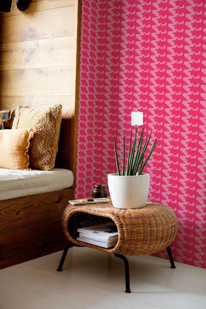 Mid-century modern style bedroom decorated with Pink houndstooth peel and stick wallpaper