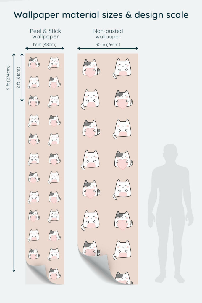 Size comparison of Pink kawaii cat Peel & Stick and Non-pasted wallpapers with design scale relative to human figure