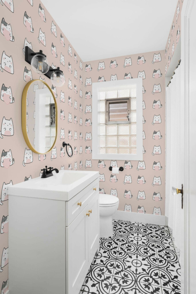 Minimal style bathroom decorated with Pink kawaii peel and stick wallpaper