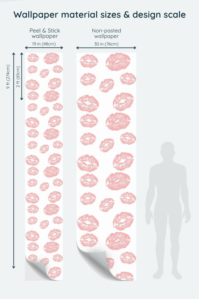 Size comparison of Pink kiss Peel & Stick and Non-pasted wallpapers with design scale relative to human figure