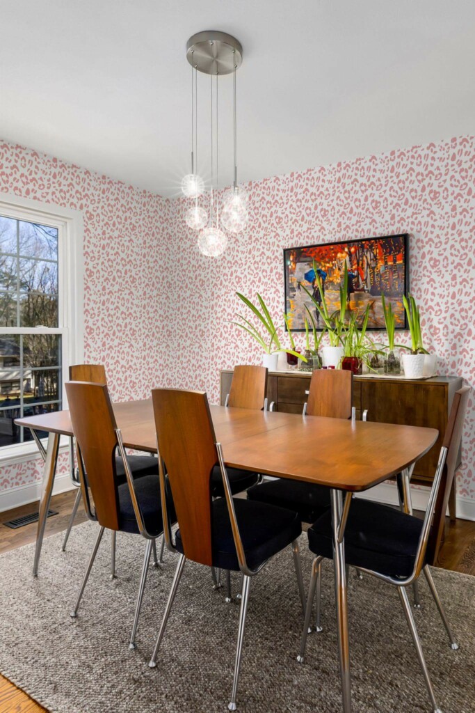 MId-century modern style dining room decorated with Pink leopard print peel and stick wallpaper