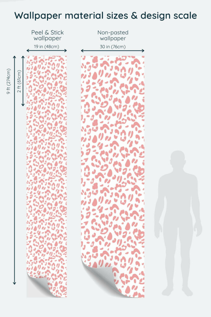 Size comparison of Pink leopard print Peel & Stick and Non-pasted wallpapers with design scale relative to human figure
