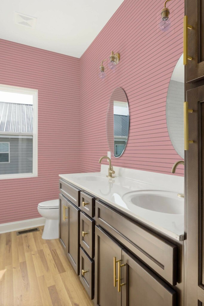 Modern rustic style powder room decorated with Pink lines peel and stick wallpaper
