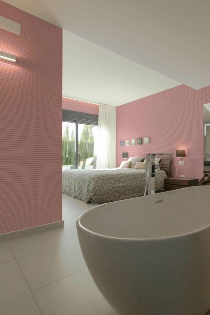 Modern style bedroom with open bathroom decorated with Pink lines peel and stick wallpaper