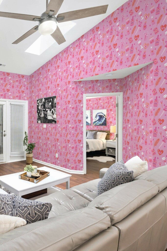 Coastal scandinavian style living room and bedroom decorated with Pink love spell peel and stick wallpaper