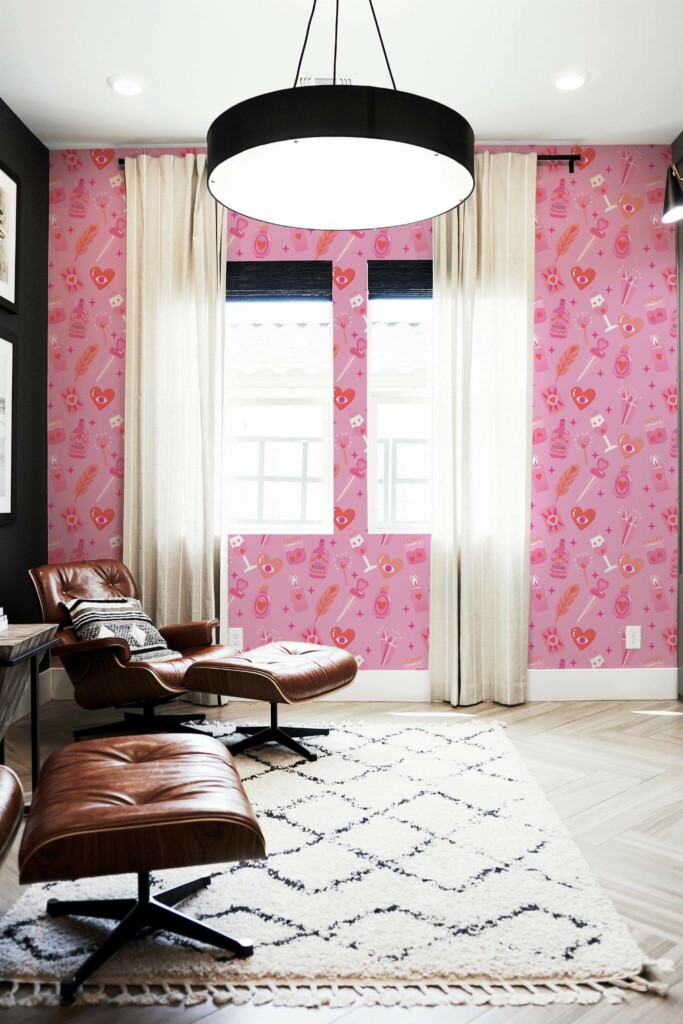 MId-century modern style living room decorated with Pink love spell peel and stick wallpaper