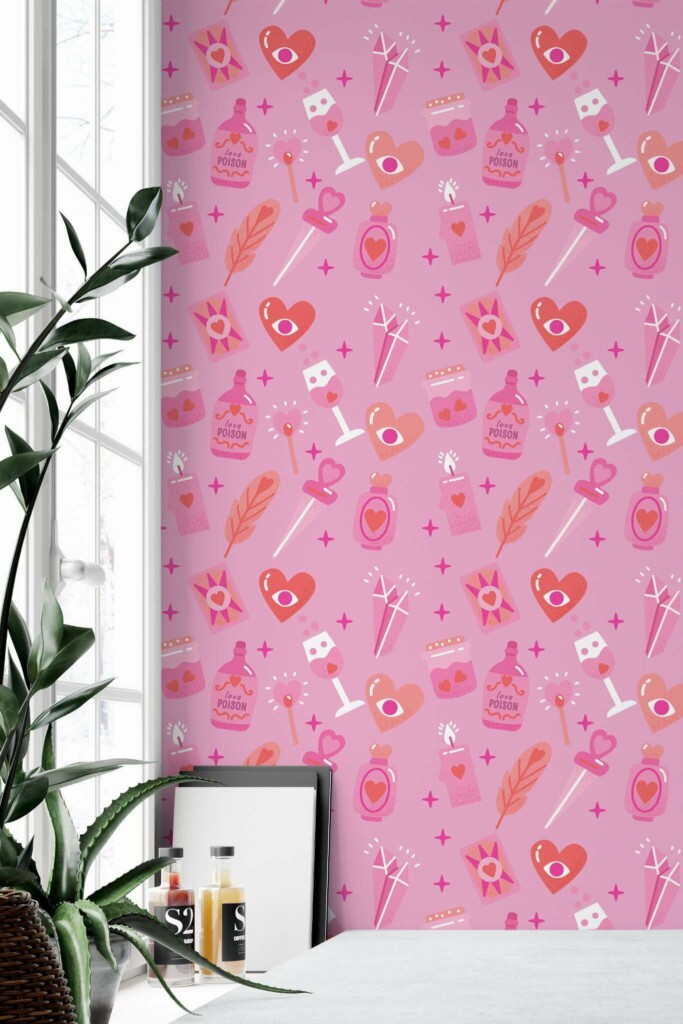 Minimal style home office decorated with Pink love spell peel and stick wallpaper