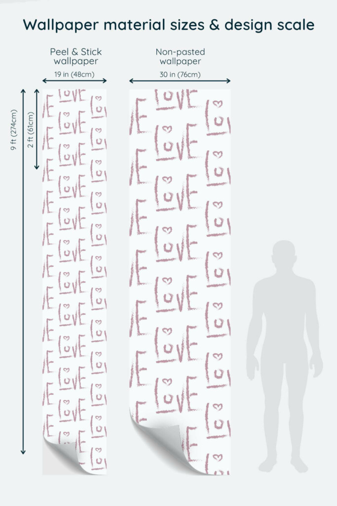 Size comparison of Pink love Peel & Stick and Non-pasted wallpapers with design scale relative to human figure