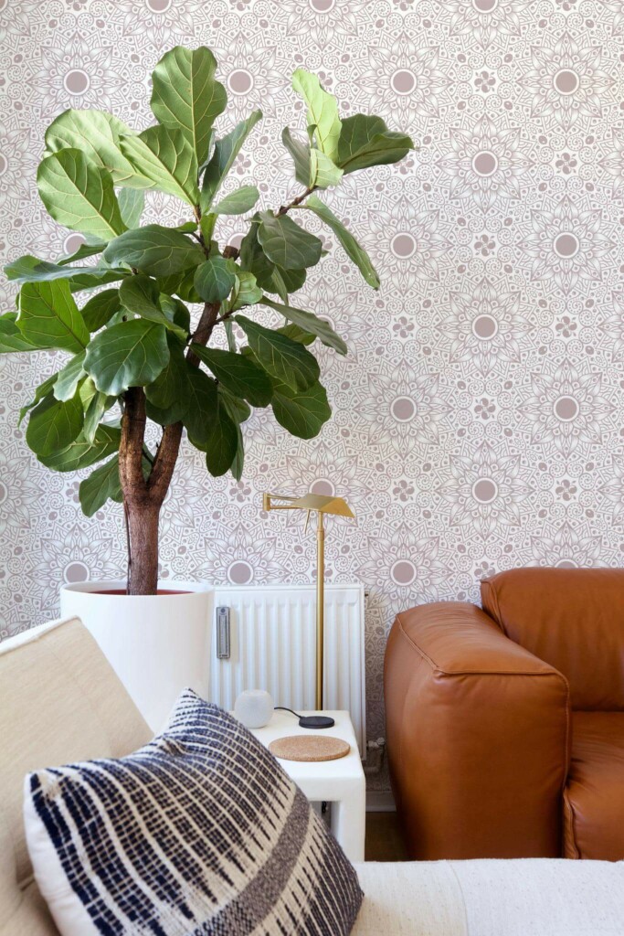 Mid-century style living room decorated with Pink Mandala peel and stick wallpaper
