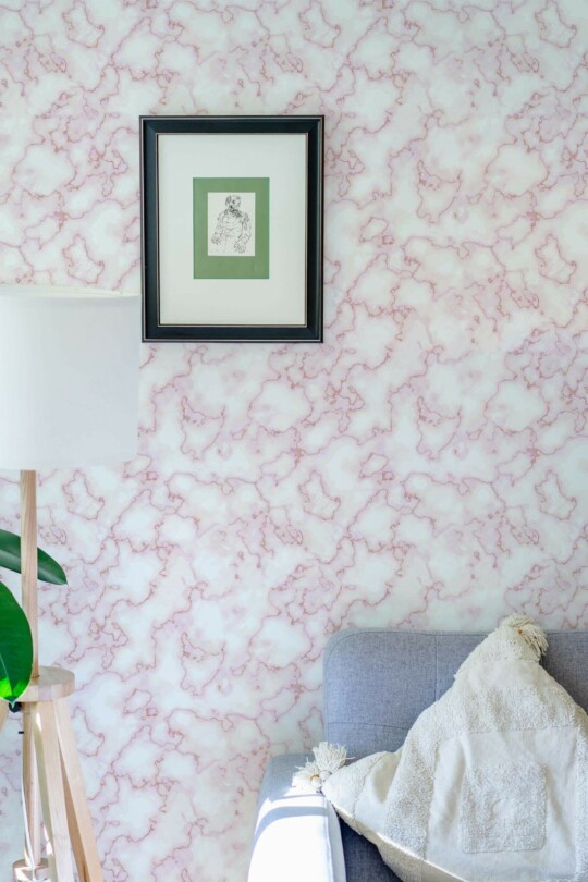 Eastern European style living room decorated with Pink marble peel and stick wallpaper