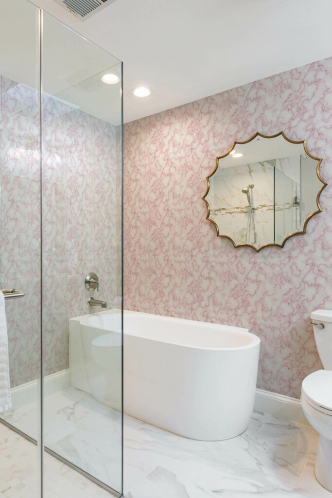 Minimal modern style bathroom decorated with Pink marble peel and stick wallpaper