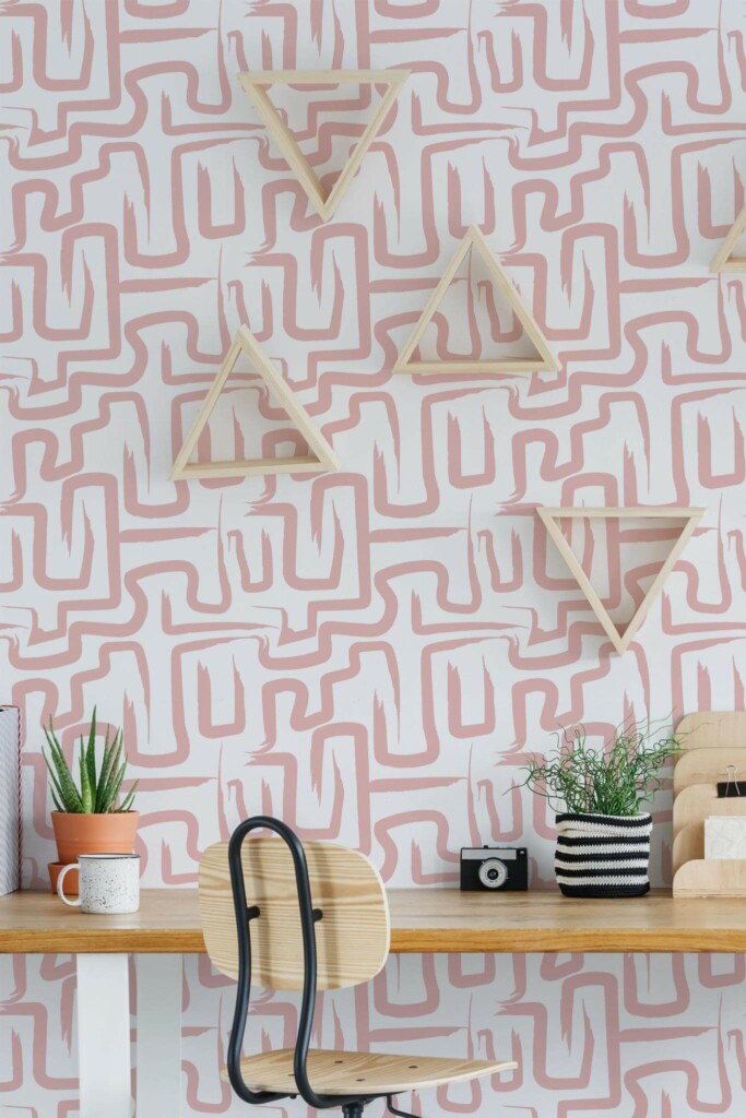 Scandinavian style home office decorated with Pink maze peel and stick wallpaper