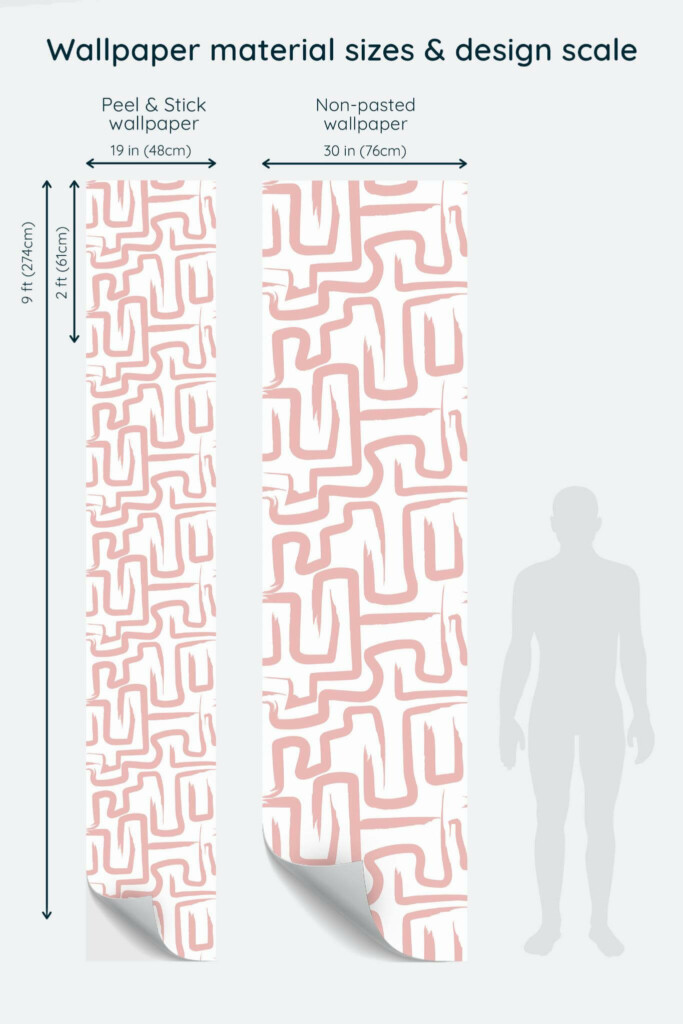 Size comparison of Pink maze Peel & Stick and Non-pasted wallpapers with design scale relative to human figure