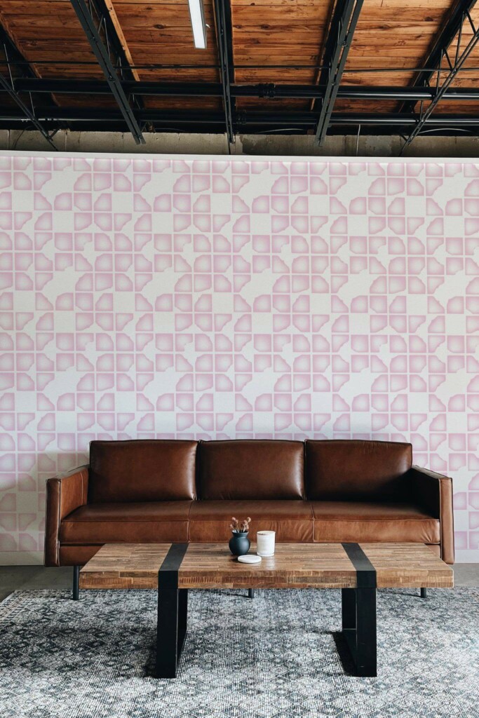Industrial rustic style living room decorated with Pink modern abstract peel and stick wallpaper
