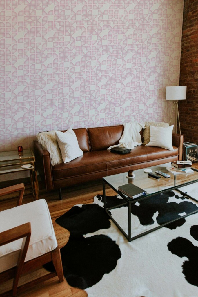 Mid-century modern style living room decorated with Pink modern abstract peel and stick wallpaper