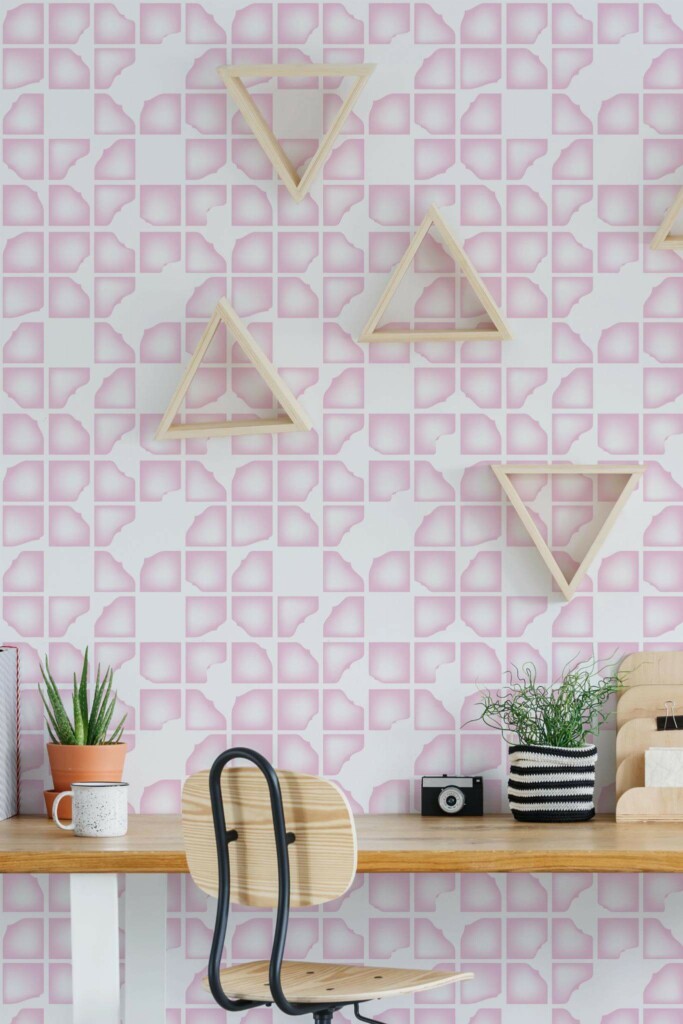 Scandinavian style home office decorated with Pink modern abstract peel and stick wallpaper
