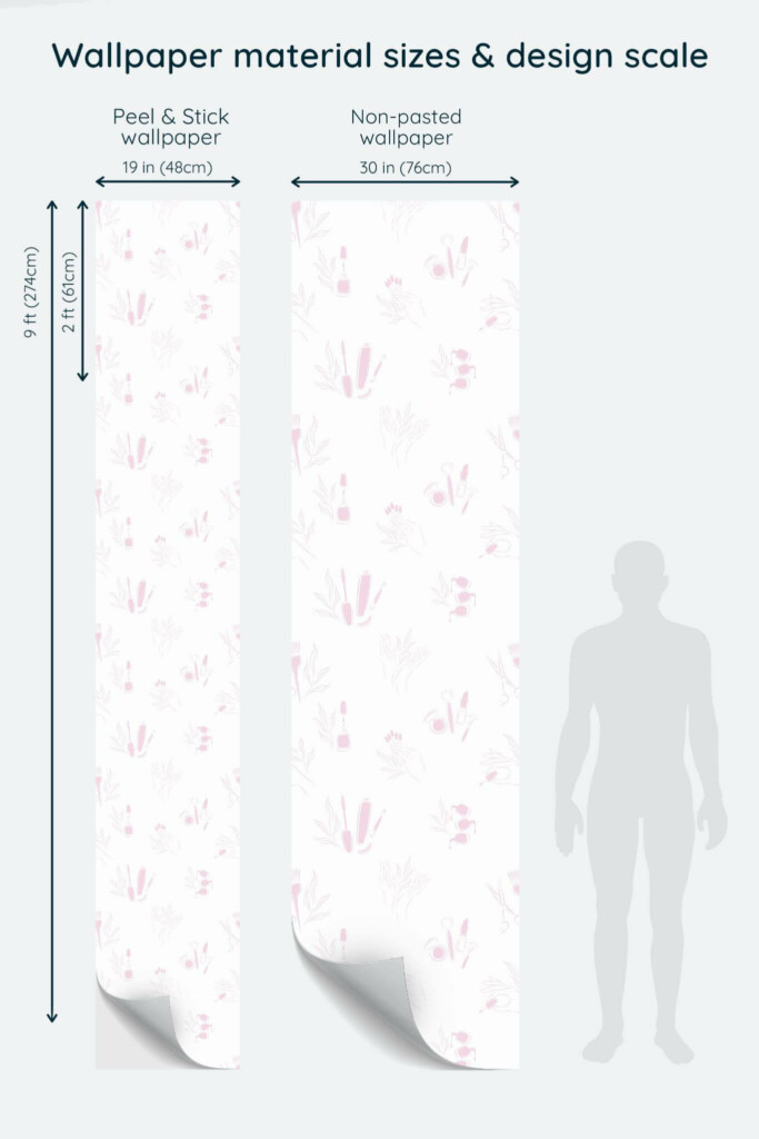 Size comparison of Pink nail salon Peel & Stick and Non-pasted wallpapers with design scale relative to human figure