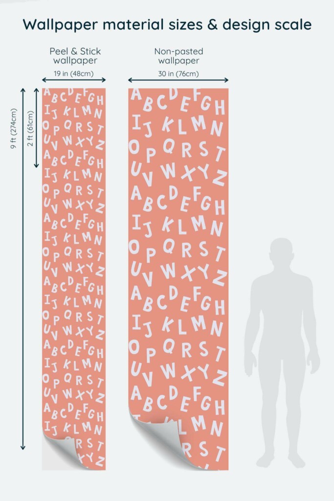 Size comparison of Pink neutral alphabet Peel & Stick and Non-pasted wallpapers with design scale relative to human figure