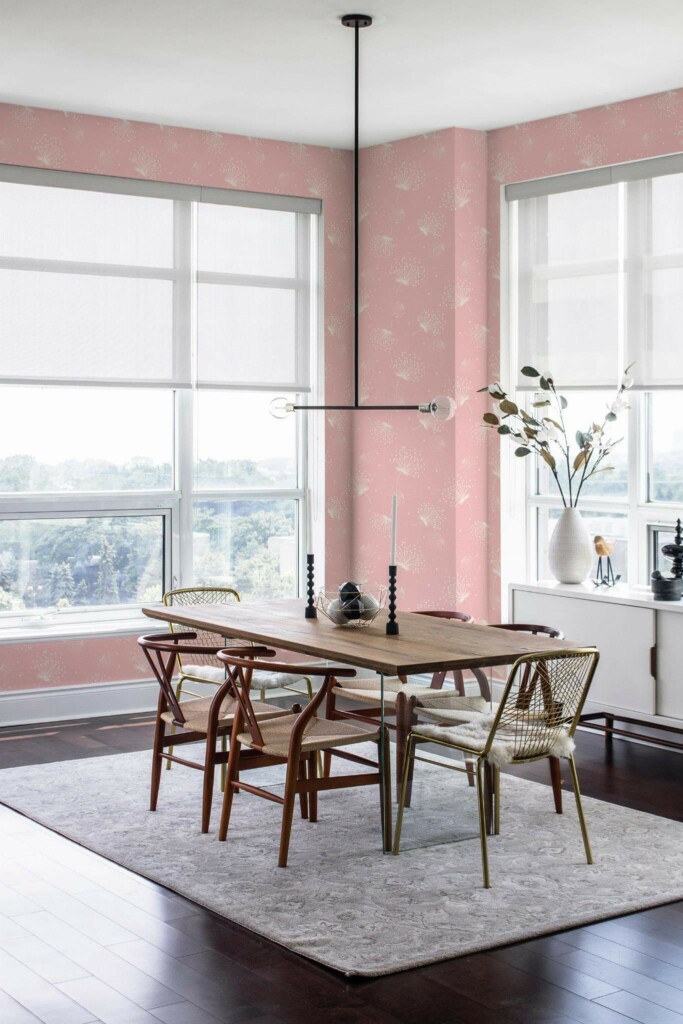 Modern minimalist style dining room decorated with Pink nursery dandelion peel and stick wallpaper