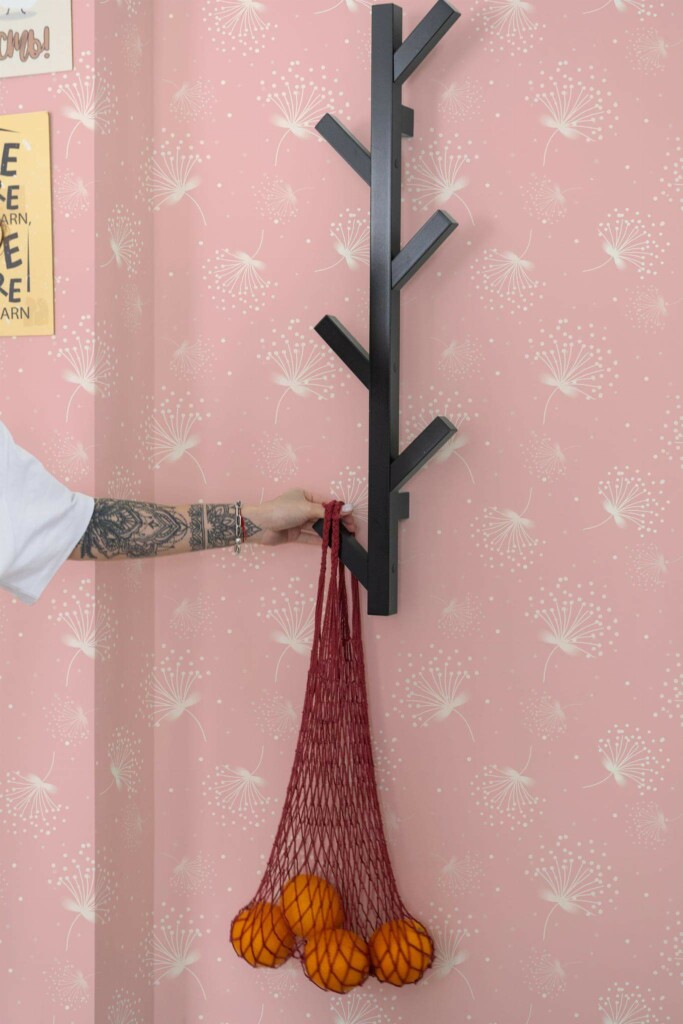 Scandinavian style kitchen decorated with Pink nursery dandelion peel and stick wallpaper